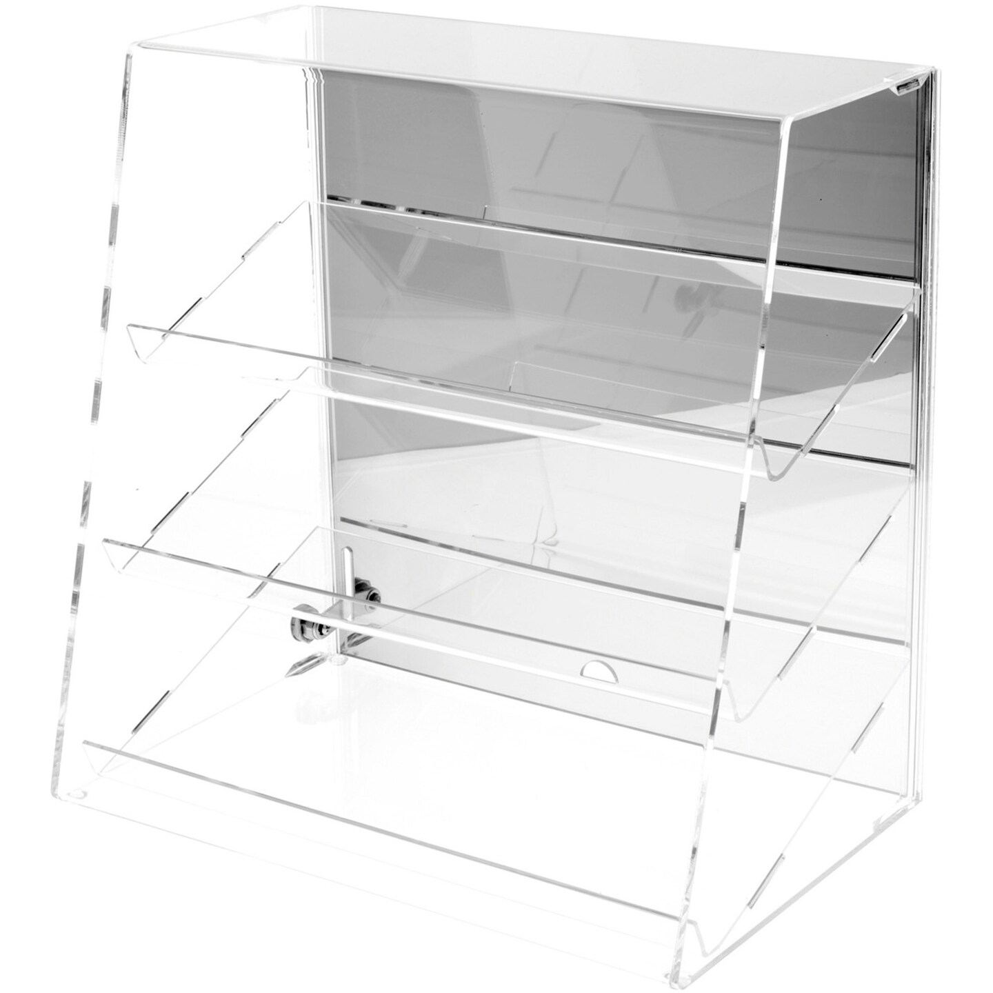Plymor Clear Acrylic Locking Display Case with Slanted Front and Sliding Back, 3 Angled Shelves (Mirrored)