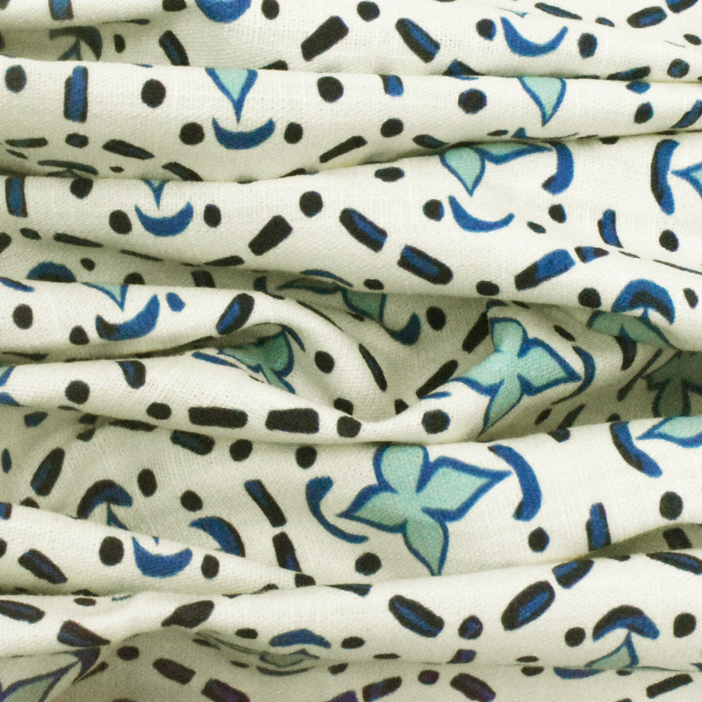 Aqua Teal-Blue Abstract Tile Printed Slub Woven Decorating Fabric By the Yard