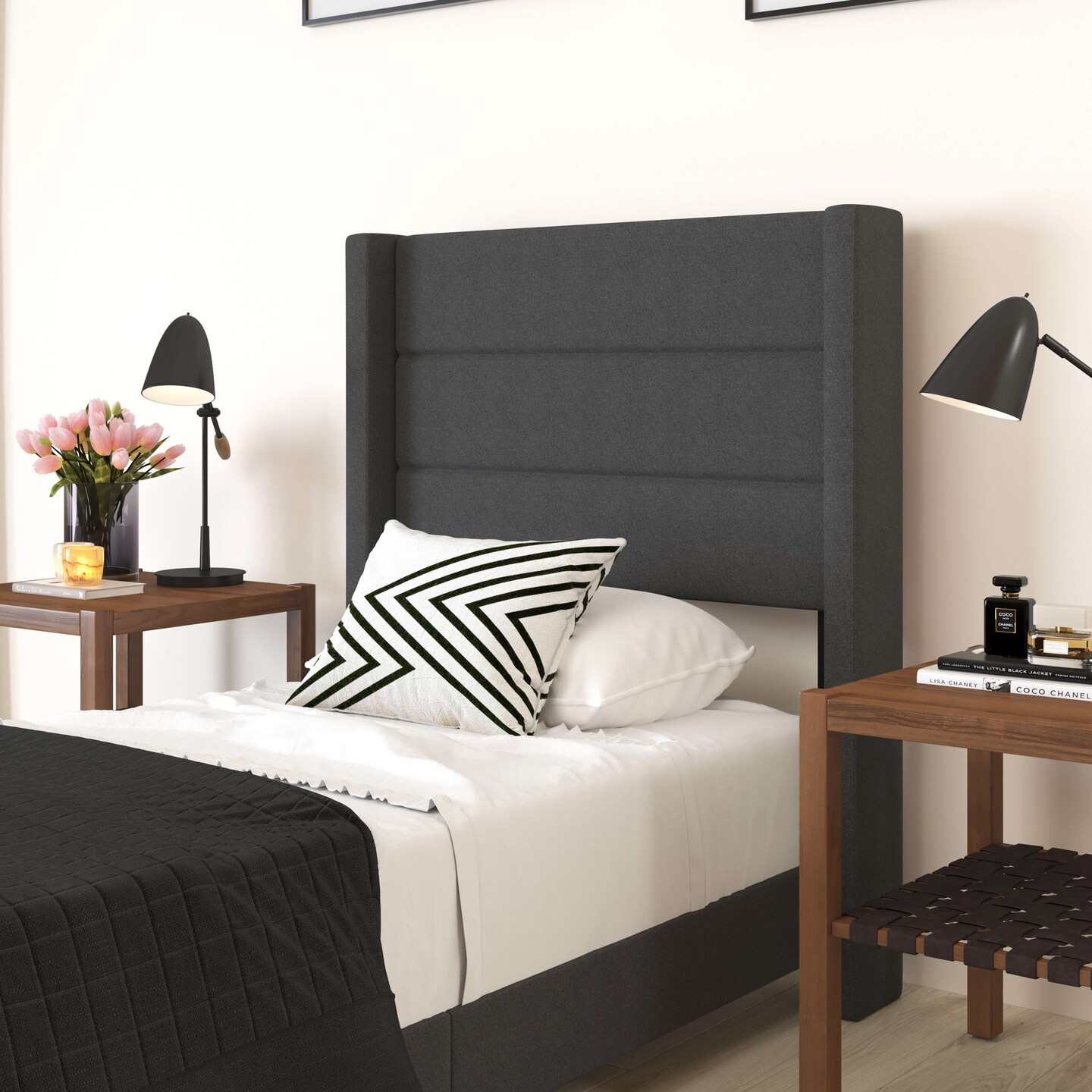 Merrick Lane Percy Modern Platform Bed with Padded Channel Stitched Upholstered Wingback Headboard and Underbed Clearance
