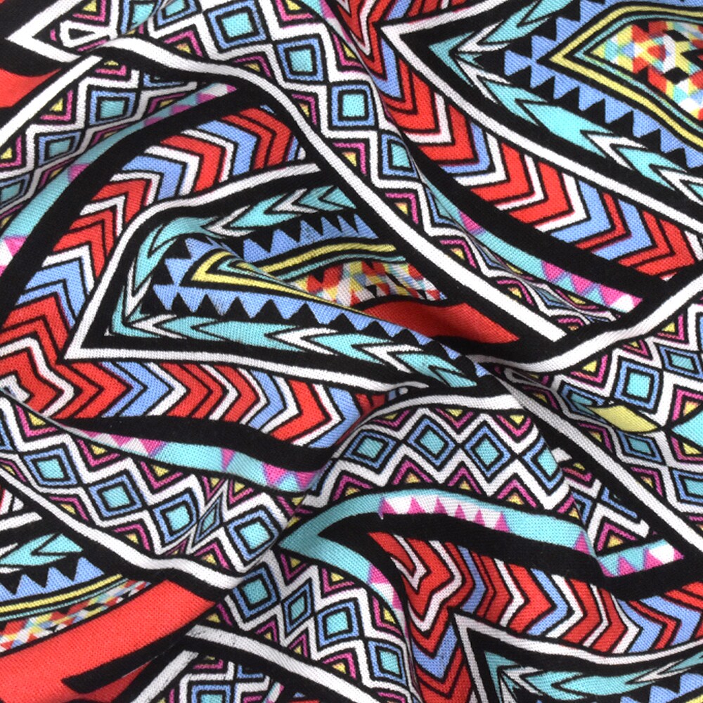 Red-Teal-Multi Abstract Chevron Aztec Printed Challis Fabric By the Yard