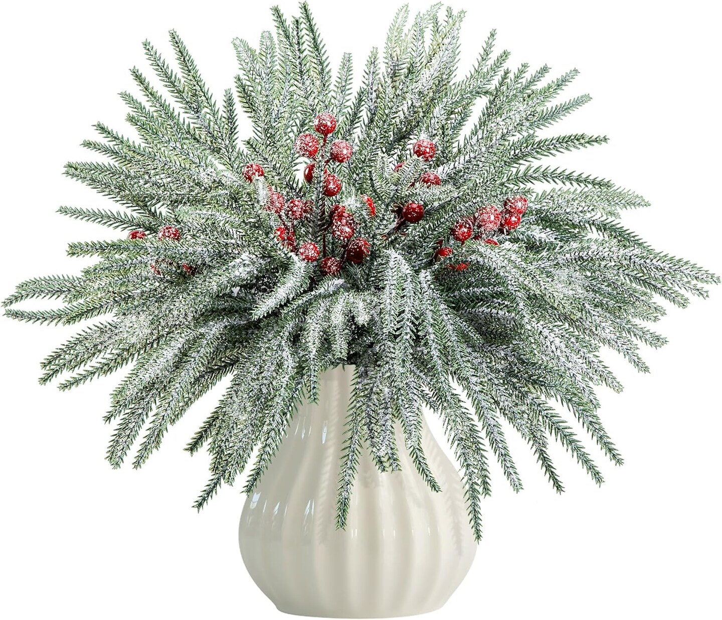 60 Pcs Christmas Snow Norfolk Pine Branches with Red Berry Stems (D Style) 1"D x 1"W x 10"H