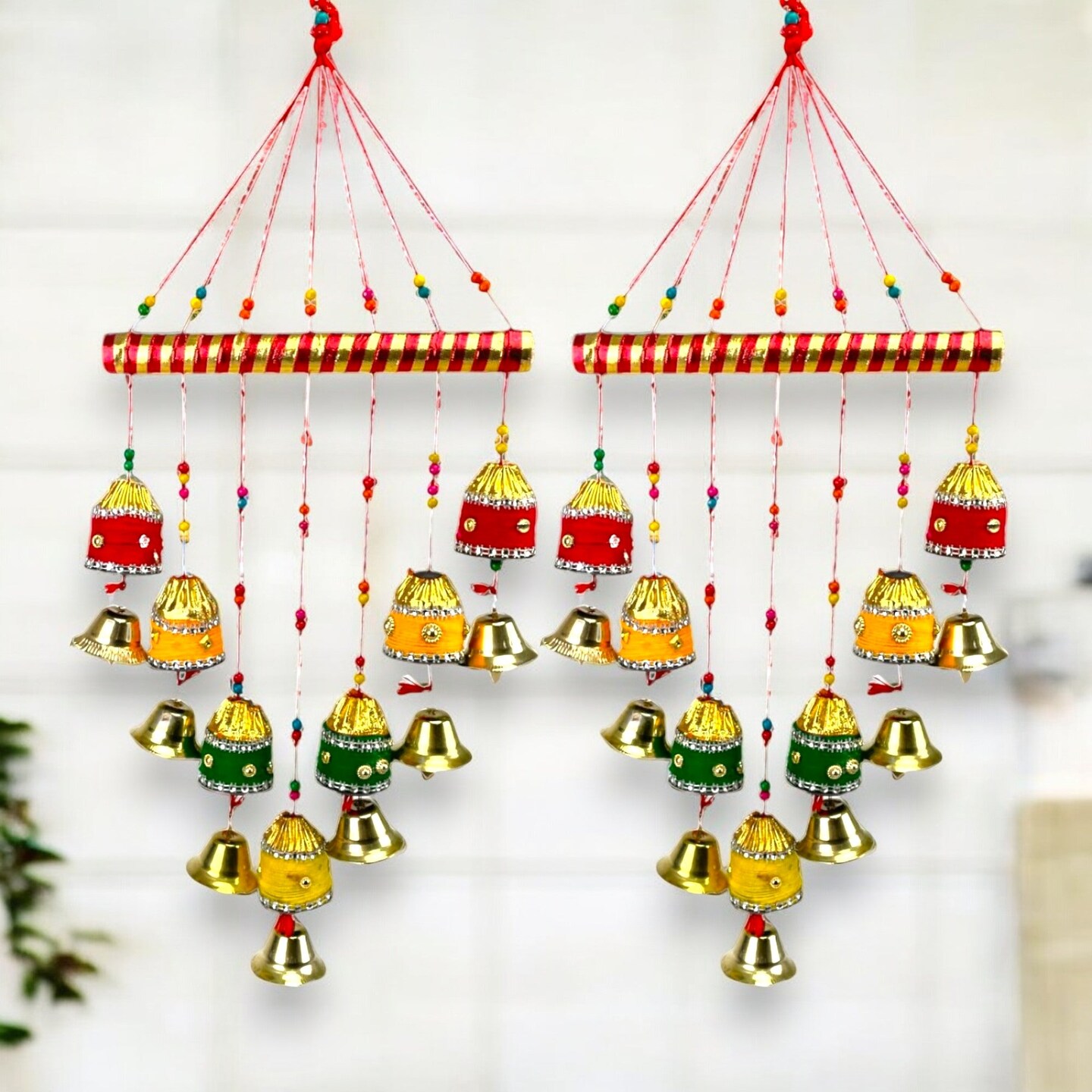 2 Ct Rajasthani Hanging, Home Decor, Indian Wedding Decorations, Door Hanging, Craft Garland, Japanese Wind Chimes, Tibetan Bells, Chris6tmas Bell, Brass Wall String