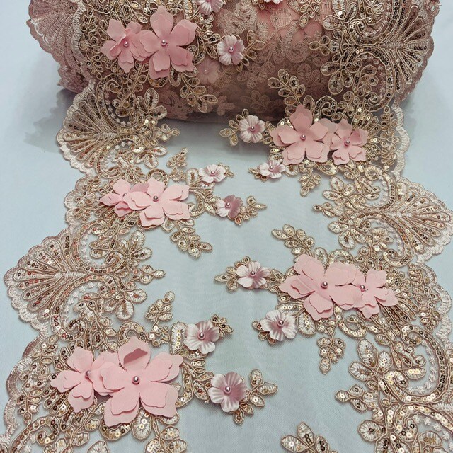 3 Yard Sequin 3D Lace Fabric 33cm Wide Polyester Embroidered Mesh with Pearls & Scalloped Edge