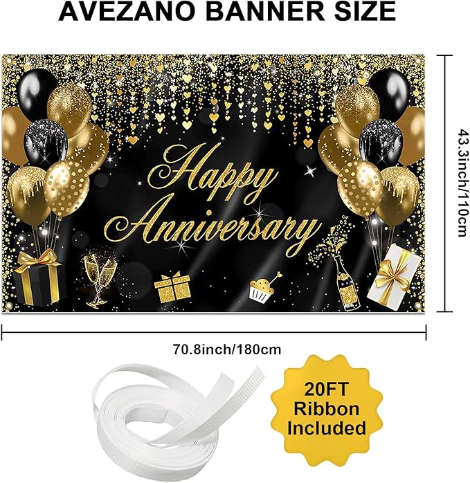 Extra Large Happy Anniversary Banner (70.8" x 43.3") - Black & Gold Fabric Photo Backdrop - Premium Polyester Anniversary Decorations for Wedding, Bridal Shower, Indoor & Outdoor Party Decor