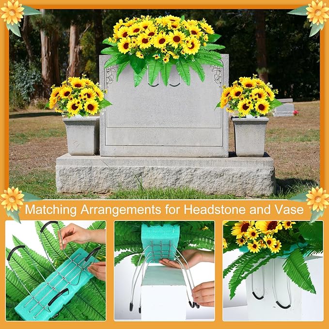 3 Pieces Artificial Cemetery Flowers for Headstone Memorial Day Flowers Funeral Headstone Saddle Sunflowers Bouquets with Vase for Outdoor Tombstone Grave Decoration(Yellow)