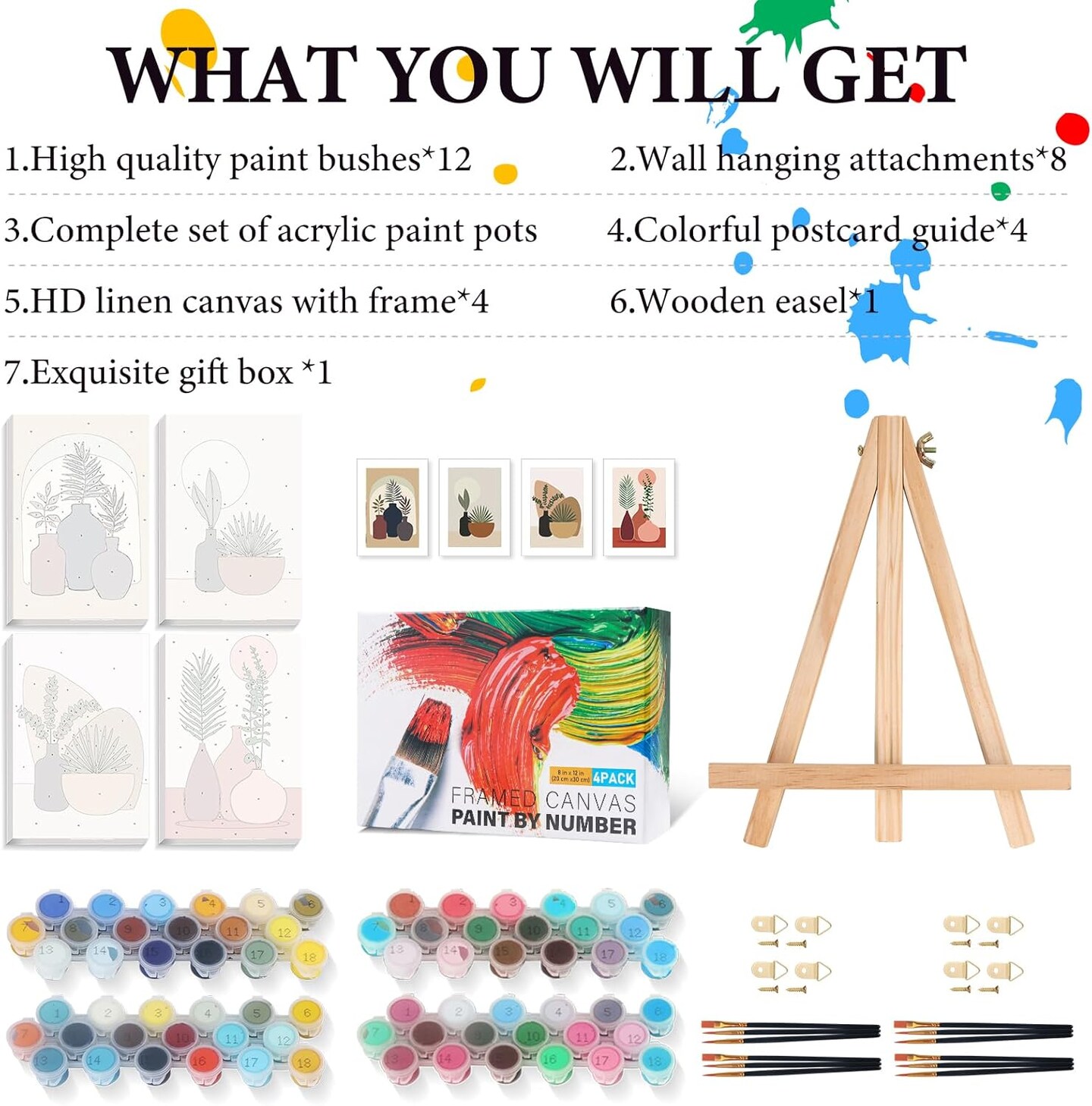4 Pack Framed Paint by Numbers Kit for Adults and Beginners with Wooden Easel DIY Painting Kit for Home Wall Decor 8x12 Inch