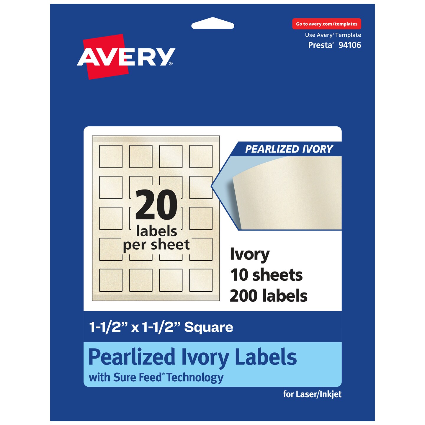 Avery Pearlized Ivory Square Labels with Sure Feed Technology, Print-to-the-Edge, 1.5" x 1.5"