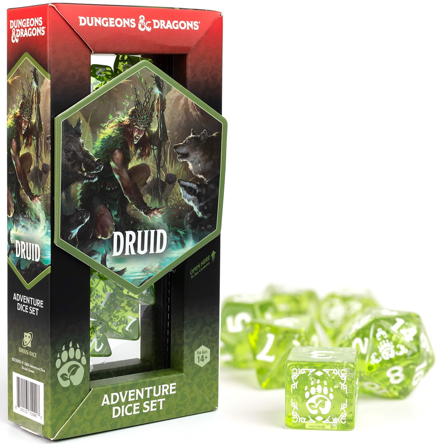 Dungeons & Dragons: D&D Adventure Dice: Druid - Green - 15pc RPG Die Set, Class Symbols, Roleplaying Game Accessory, Sirius Dice, Officially Licensed