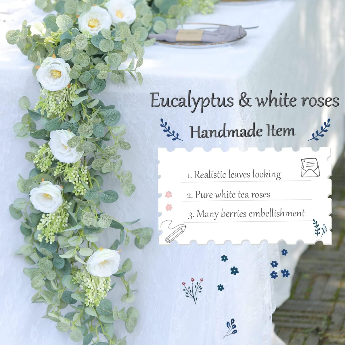 6.56ft Eucalyptus Garland with Flowers-8 White Roses, Artificial Fake Flowers Greenery Garland Floral Vines for Decoration Party Wedding Table Indoor Outdoor Backdrop Wall Decor(White)