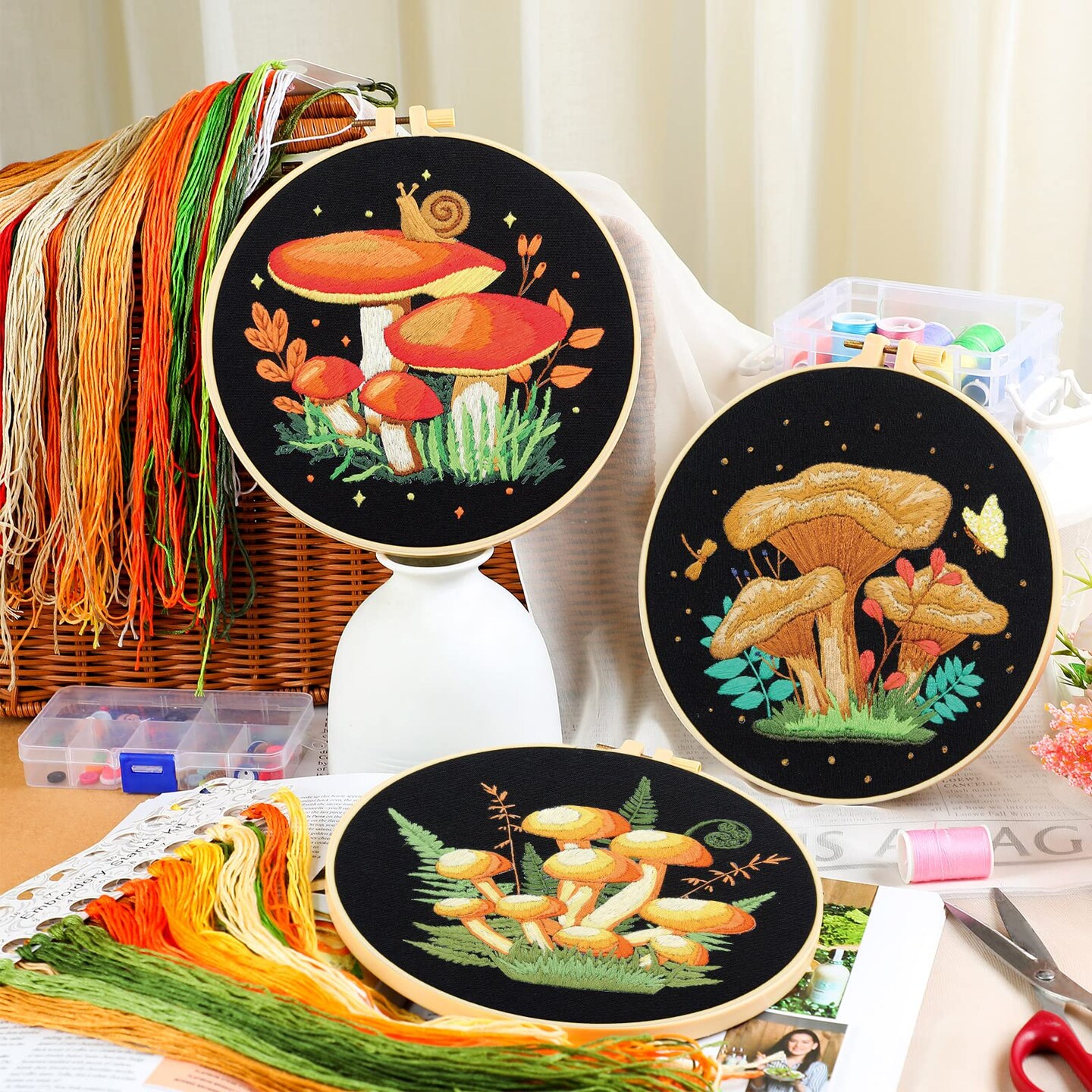 5 Sets Mushroom Embroidery Kit for Beginners with Pattern and Instructions Include Embroidery Cloth Hoops Threads for Craft Lover Hand Stitch DIY Adult Hand Needlepoint