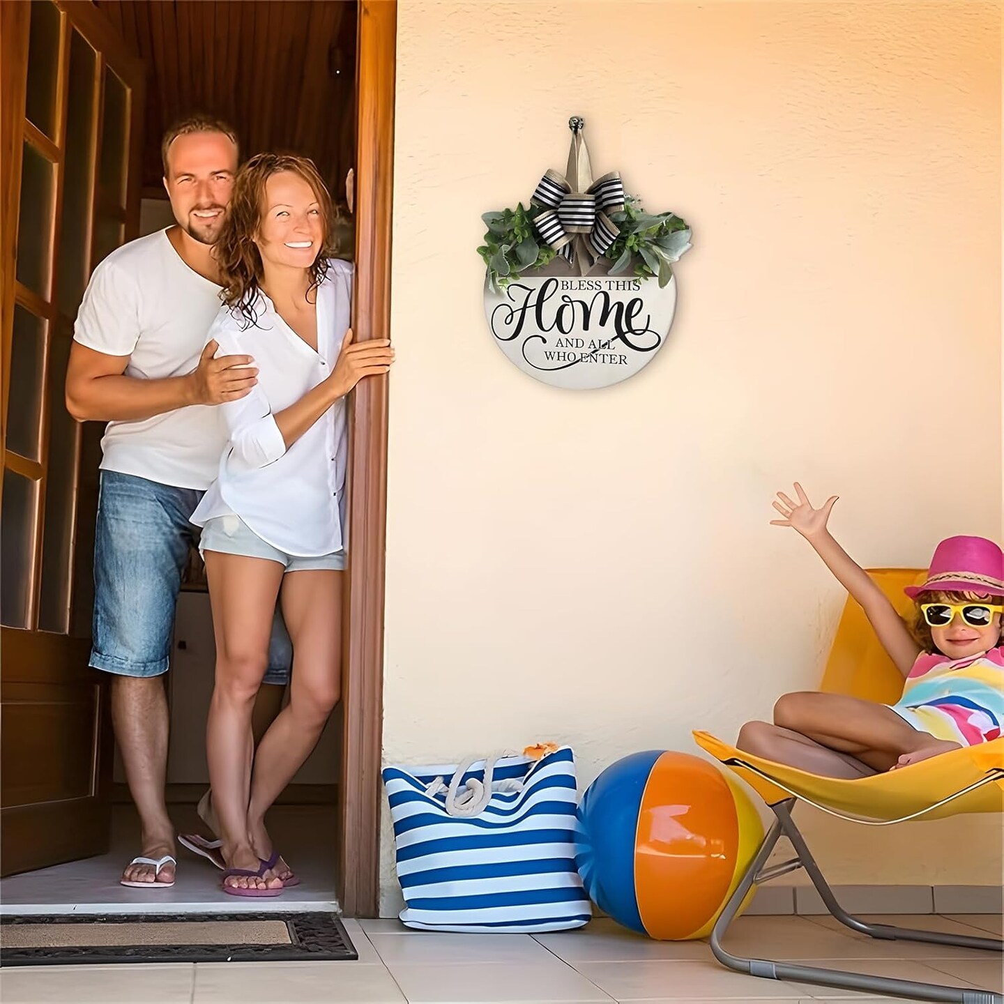 Welcome Sign for Front Door, Rustic Round Wood Wreaths Wall Hanging Outdoor Decor