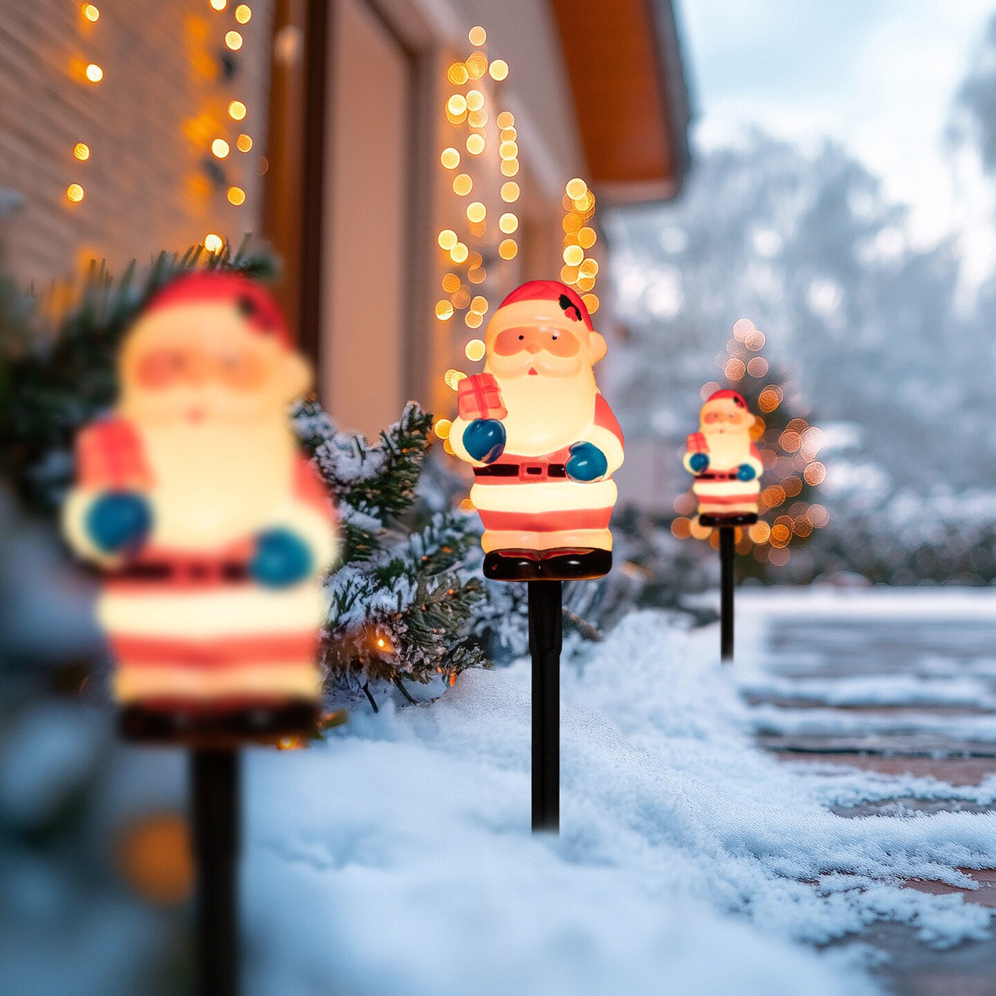 Northlight Lighted Santa Claus Christmas Pathway Markers - Clear Lights - 16&#x22; Green Wire - 4ct