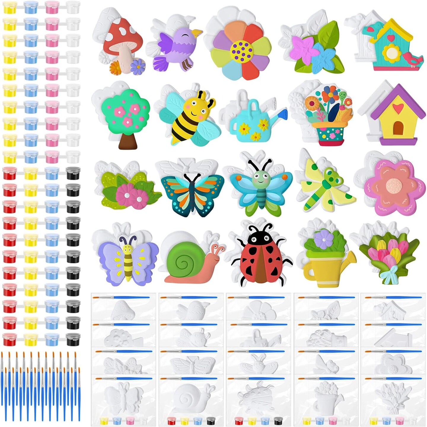 20 Set Spring DIY Painting Kit Ceramic to Paint Your Own Flowers Bee Snail Bird Butterfly Statues Unpainted Plaster Figurines Brushes Acrylic Paints Bags Party Favor for Adults