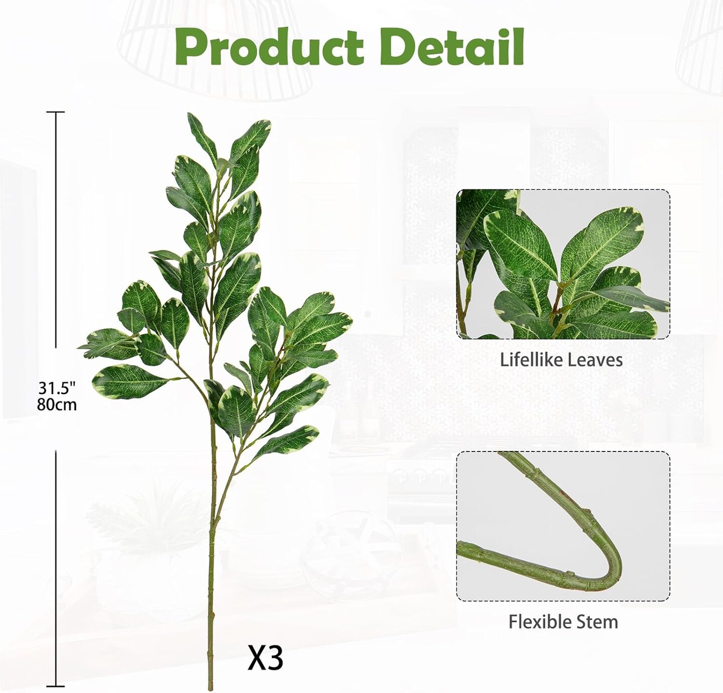 3PCS Artificial Greenery Stems 31.5 Inch Faux Branches for Vase Fake Pittosporum Tobira Leaves Branches Long Stems Plants Leaf Bushes for Floral Arrangement Bouquets Party Wedding Home Decor Green