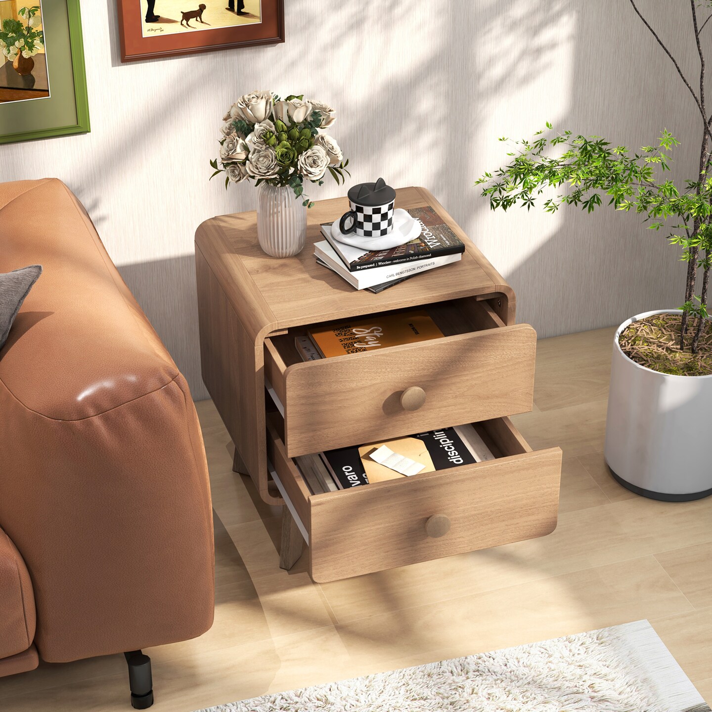 Costway 1/2 PCS Modern Style 2-Drawer Nightstand Bedside Table with Solid Rubber Wood Legs Brown