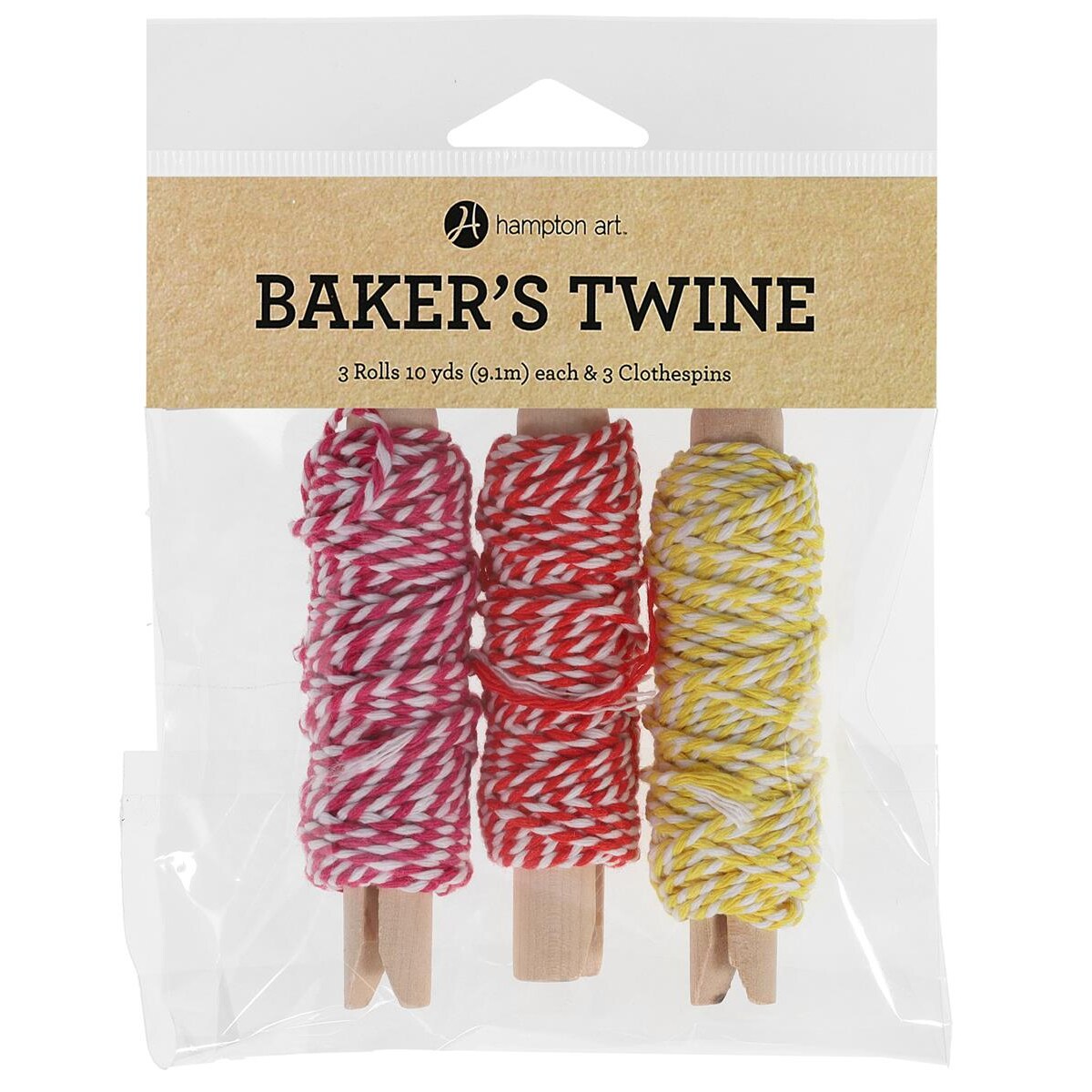 Hampton Art Bakers Twine Clothespin Set – Red, Pink, Yellow 3pk, Decorative Twine for Crafts, Gift Wrapping, Scrapbooking, DIY String Projects, and Card Making