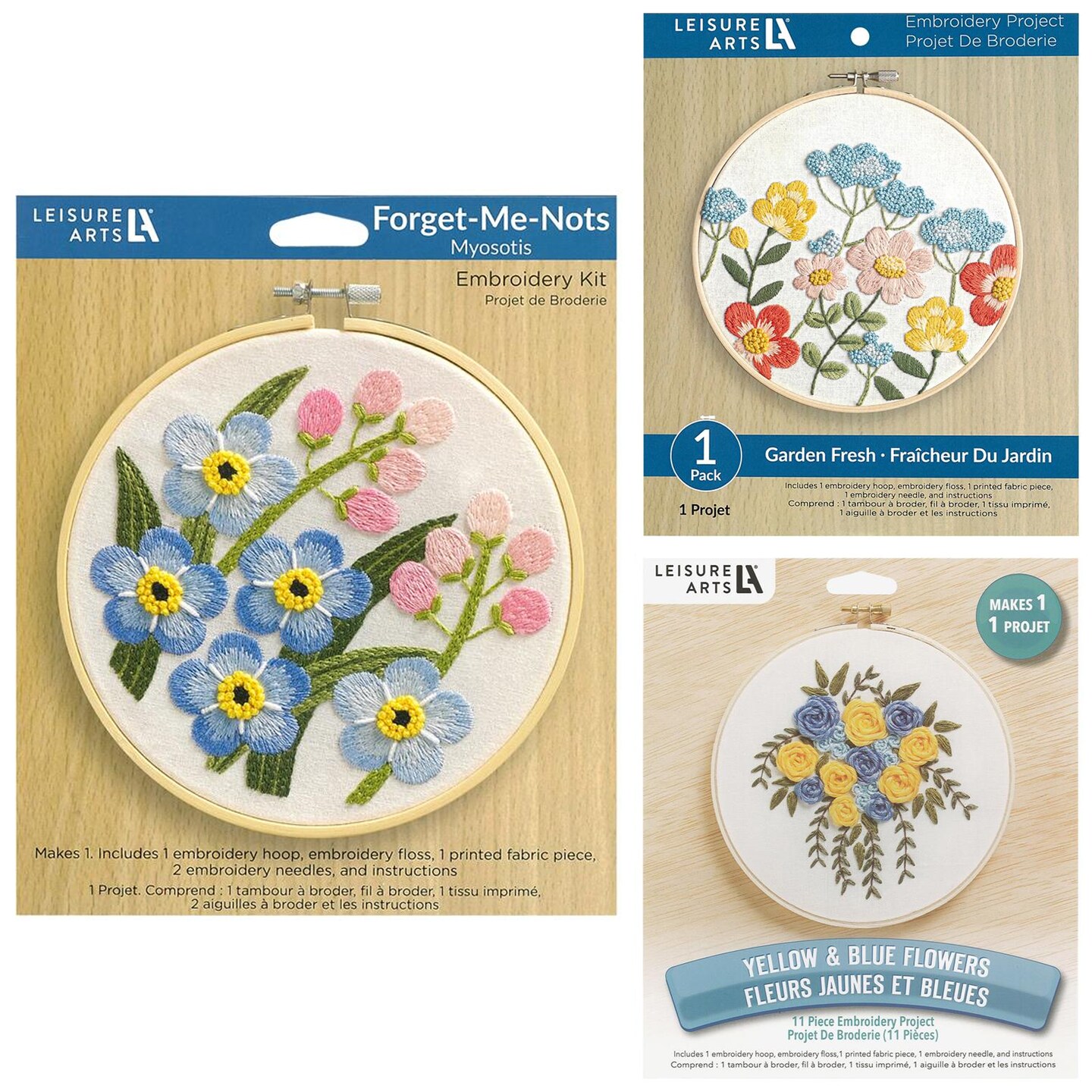 Leisure Arts Embroidery Kit , 3 Pc. Floral Collection, 6"Embroidery Kit for Beginners and Adults, Cross Stitch Kits with Patterns, DIY Starter Kit for Hand Stitching Crafts