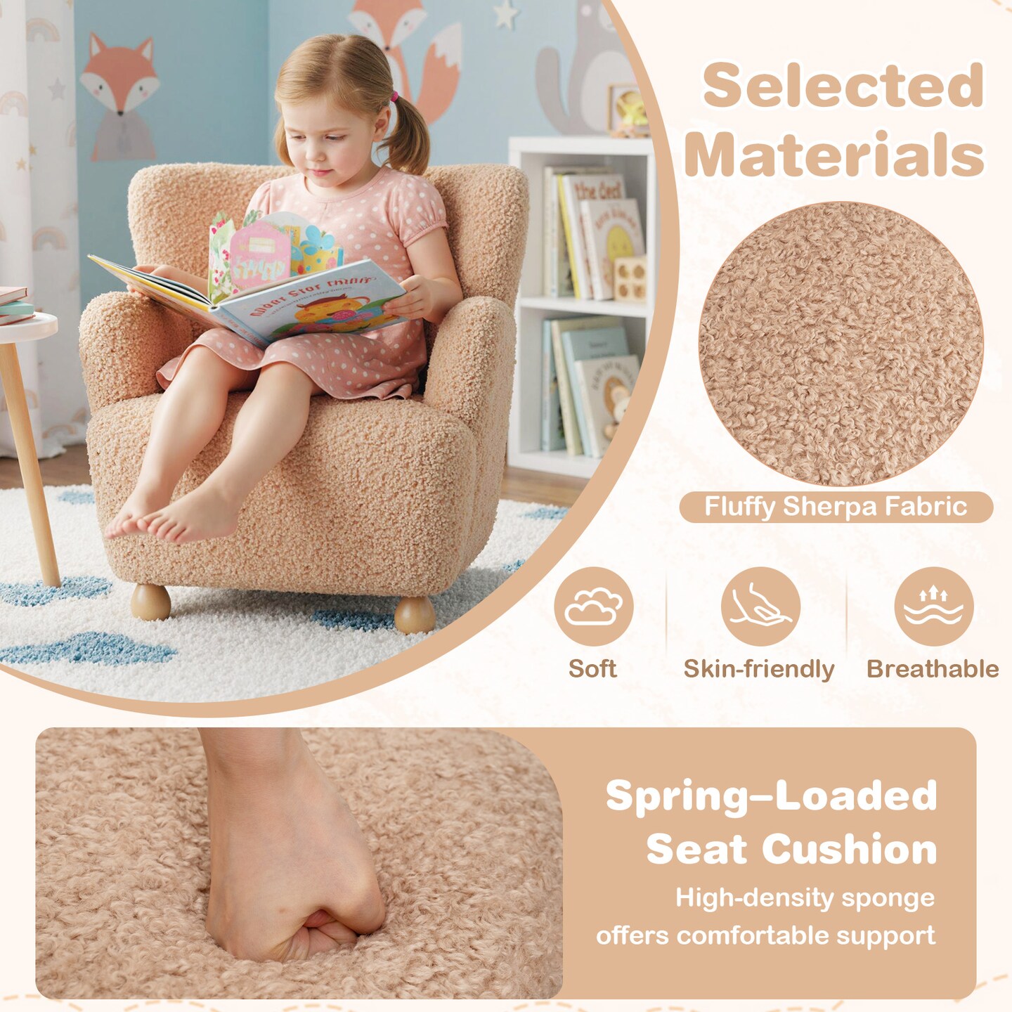 Nude Pink Sherpa Kids Sofa Chair for Toddlers Comfortable Rubber Wood Couch for Playroom or Nursery