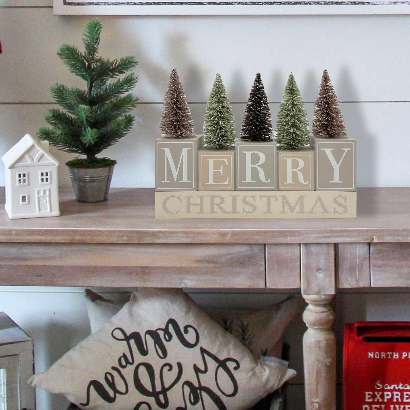 Christmas Decorations for Home Farmhouse Christmas Tree Decor Merry Christmas Sign Wooden Winter Rustic Block Vintage Holiday Tabletop for Kitchen Xmas Party Mantel Tiered Tray Gift