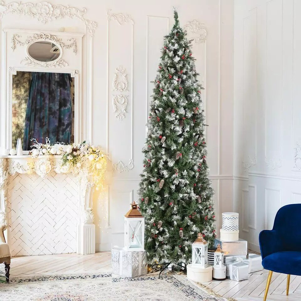9Ft Pre-lit Artificial Pencil Christmas Tree Snow Flocked with 460 LED Lights