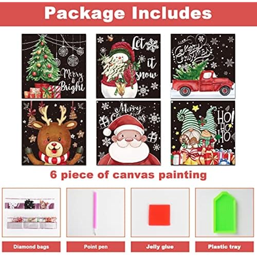 6 Sets Christmas 5D Diamond Painting Kit for Kids Watercolor XMAS DIY Diamond Art Black Snowmen Truck Gnome Full Drill Crystal Rhinestone Painting Winter Holiday 5D Diamond Dots for Wall Decor