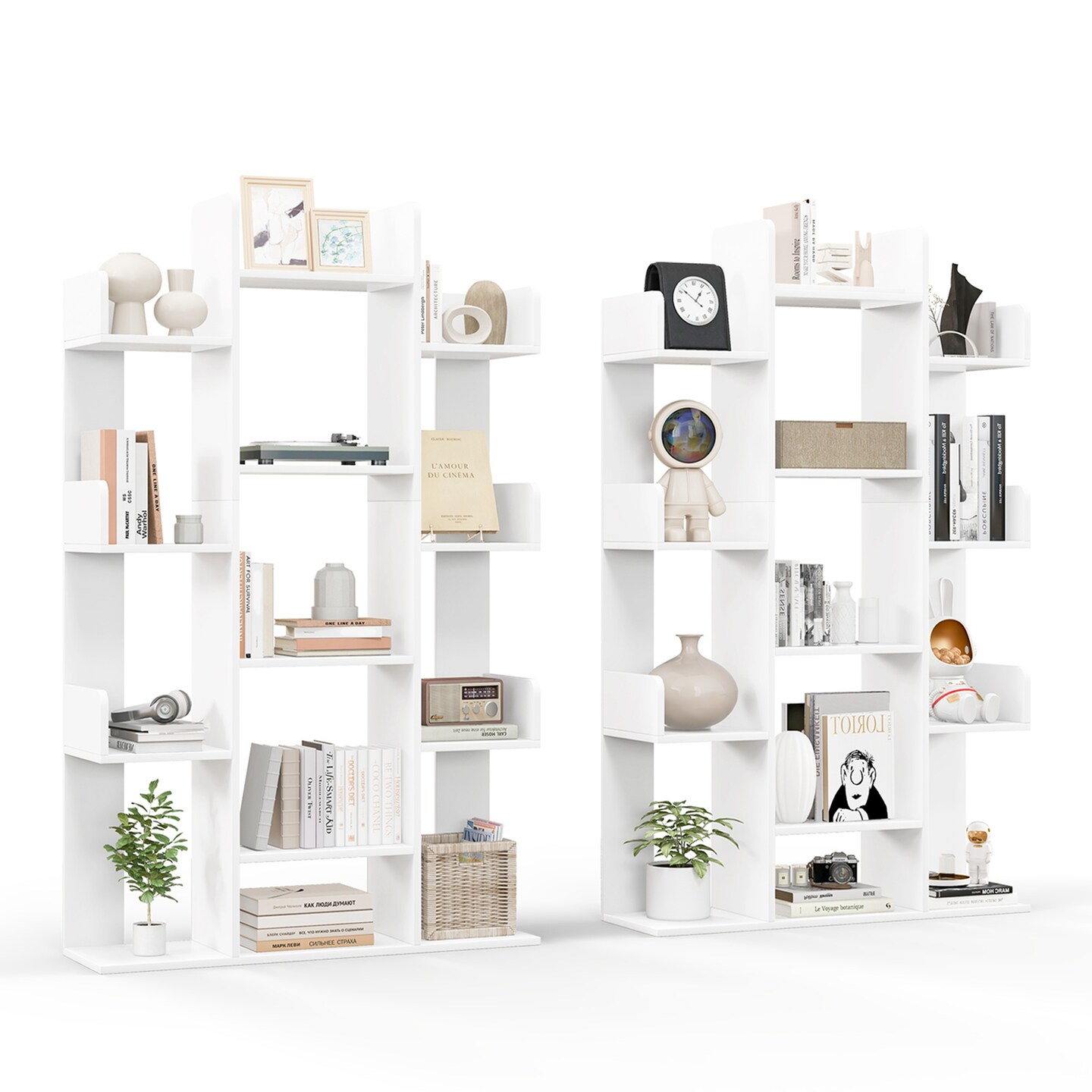 Costway 1/2 PCS Bookshelf Tree-Shaped Bookcase with 13 Storage Shelf Rustic Industrial Style White/Coffee