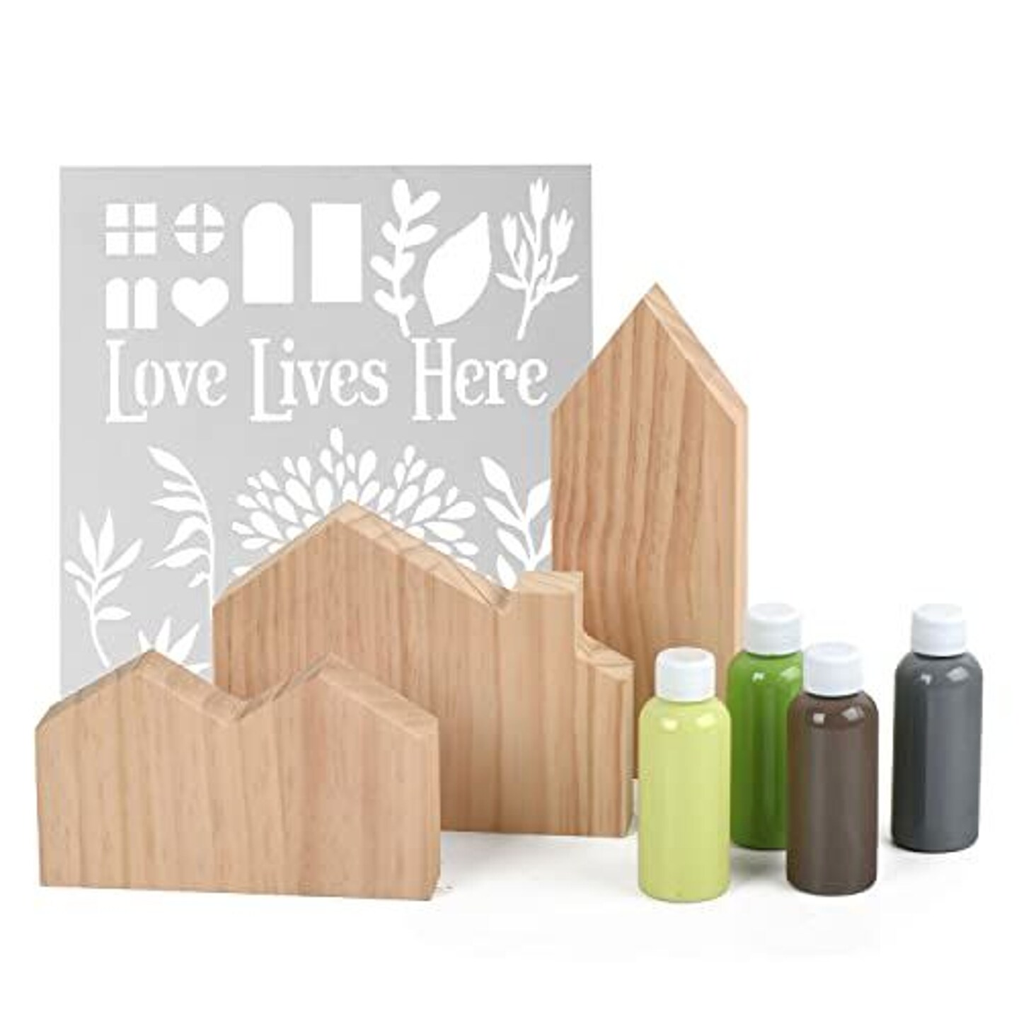 DIY Wood Table Top House Painting Kit w/ Stencil for Flowers &#x26; More - DIY House Kit for Adults - Unfinished Wood Crafts w/ Acrylic Paint - Paintable Figurines for Your Home Decor w/ DIY Stencil