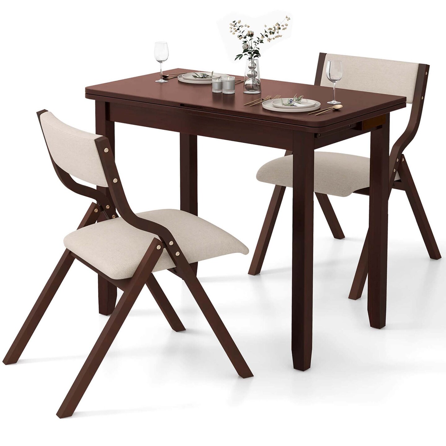 Costway Kitchen Table Set for 2/4 with Expandable Dining Table 2/4 Upholstered Folding Chairs
