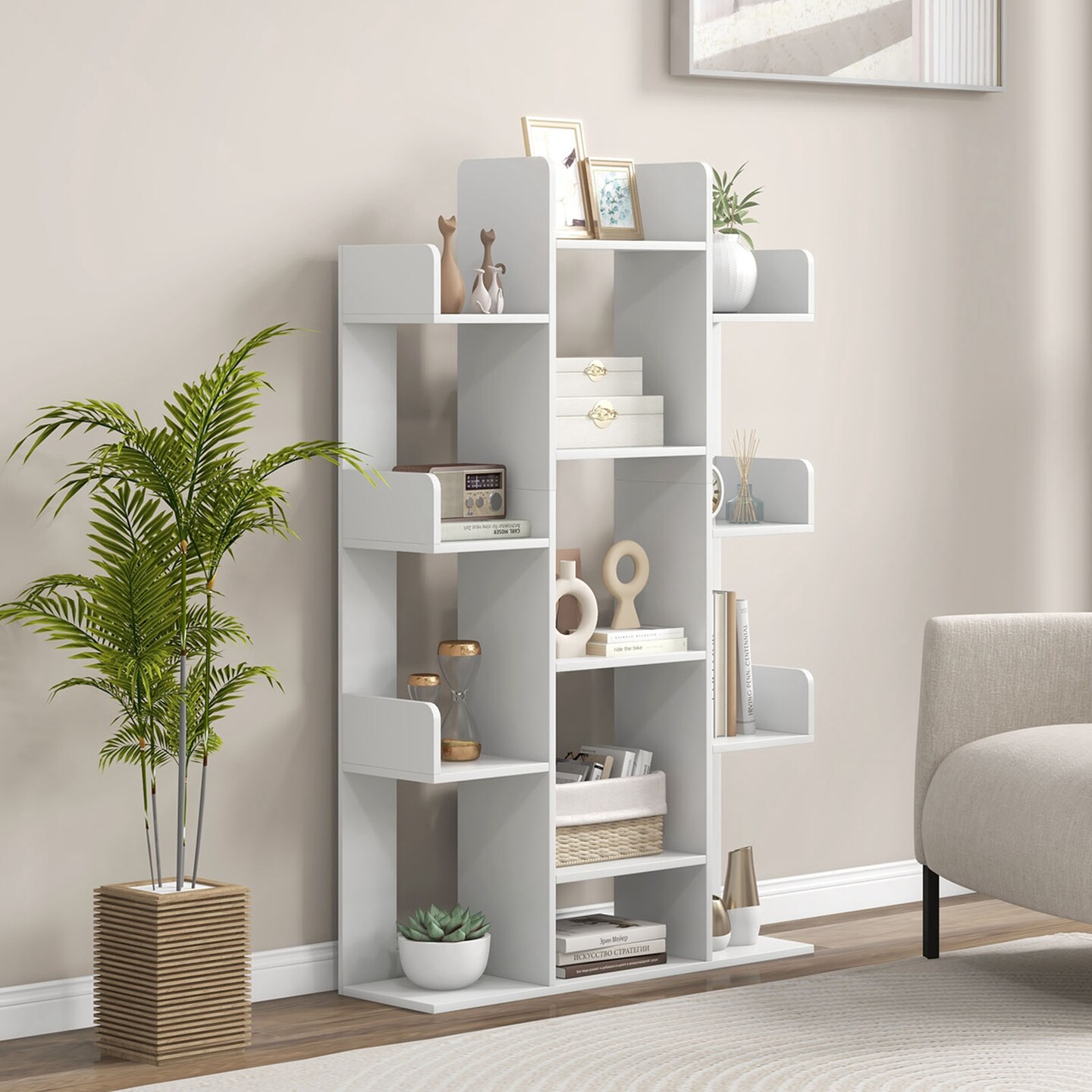 Costway 1/2 PCS Bookshelf Tree-Shaped Bookcase with 13 Storage Shelf Rustic Industrial Style White/Coffee
