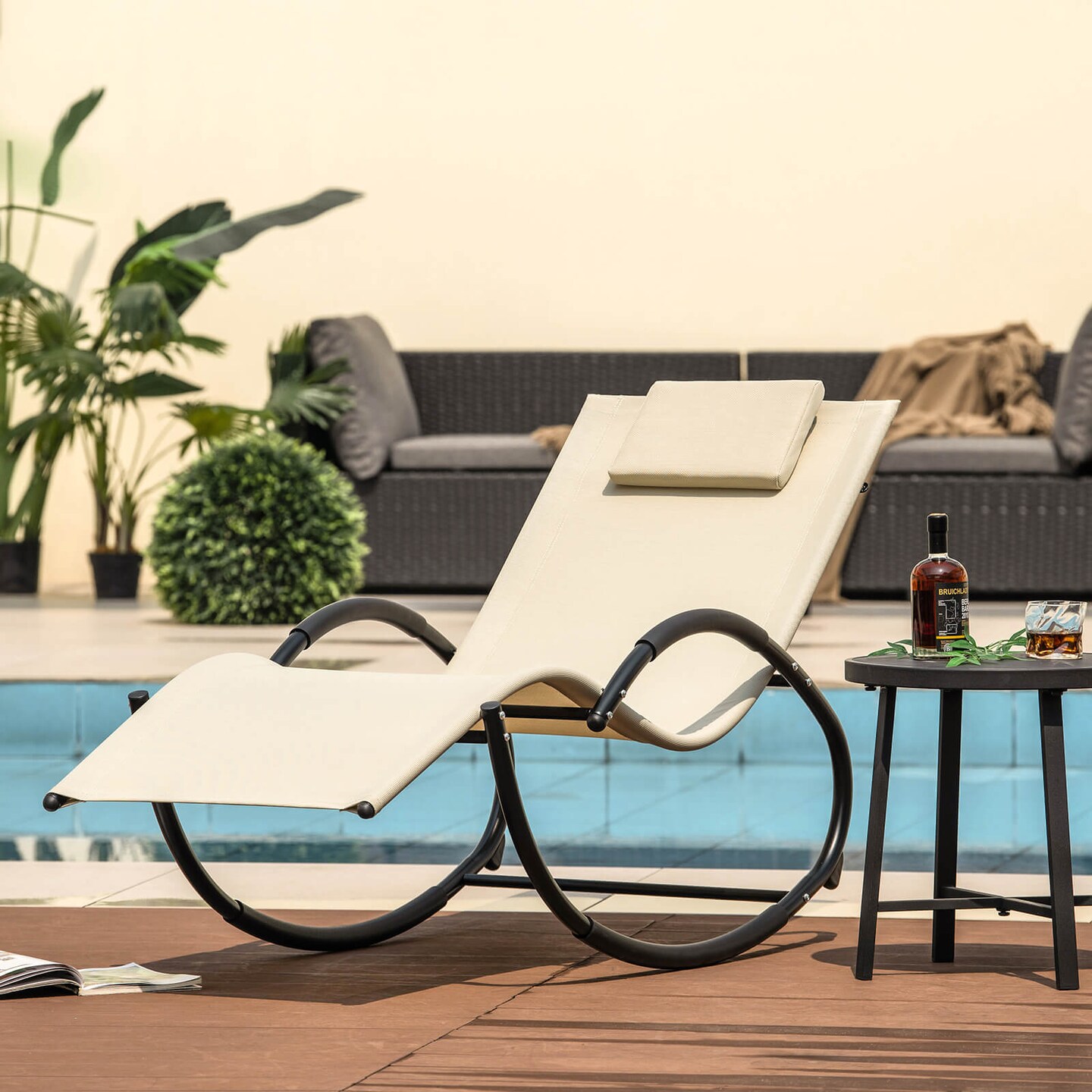 Costway 1/2 PCS Outdoor Rocking Lounge Chair with Removable Headrest Breathable Backrest &#x26; Seat Beige