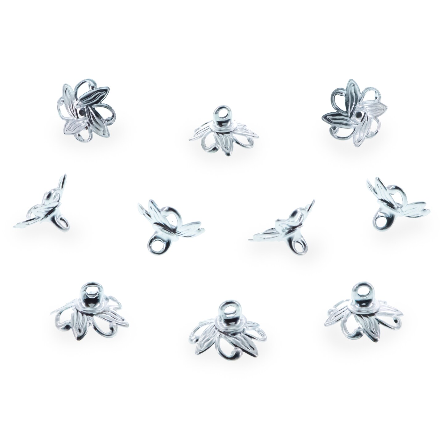 10 Floral Lily Silver Brass Metal Ornament Caps Ball or Egg Top Findings, End Caps 0.35 Inches (9 mm)