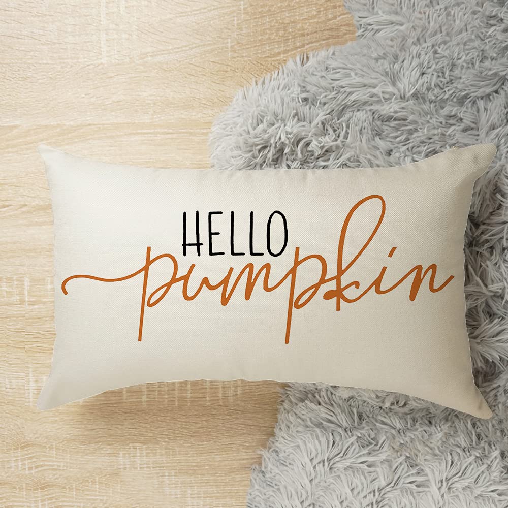 12x20 inch Fall Throw Pillow Cover Hello Pumpkin Cushion Cover Autumn Decor Fall Pumpkins, Outdoor Pillow Linen Square Pillow Cover for Cushion,Sofa Fall Pillow Cover