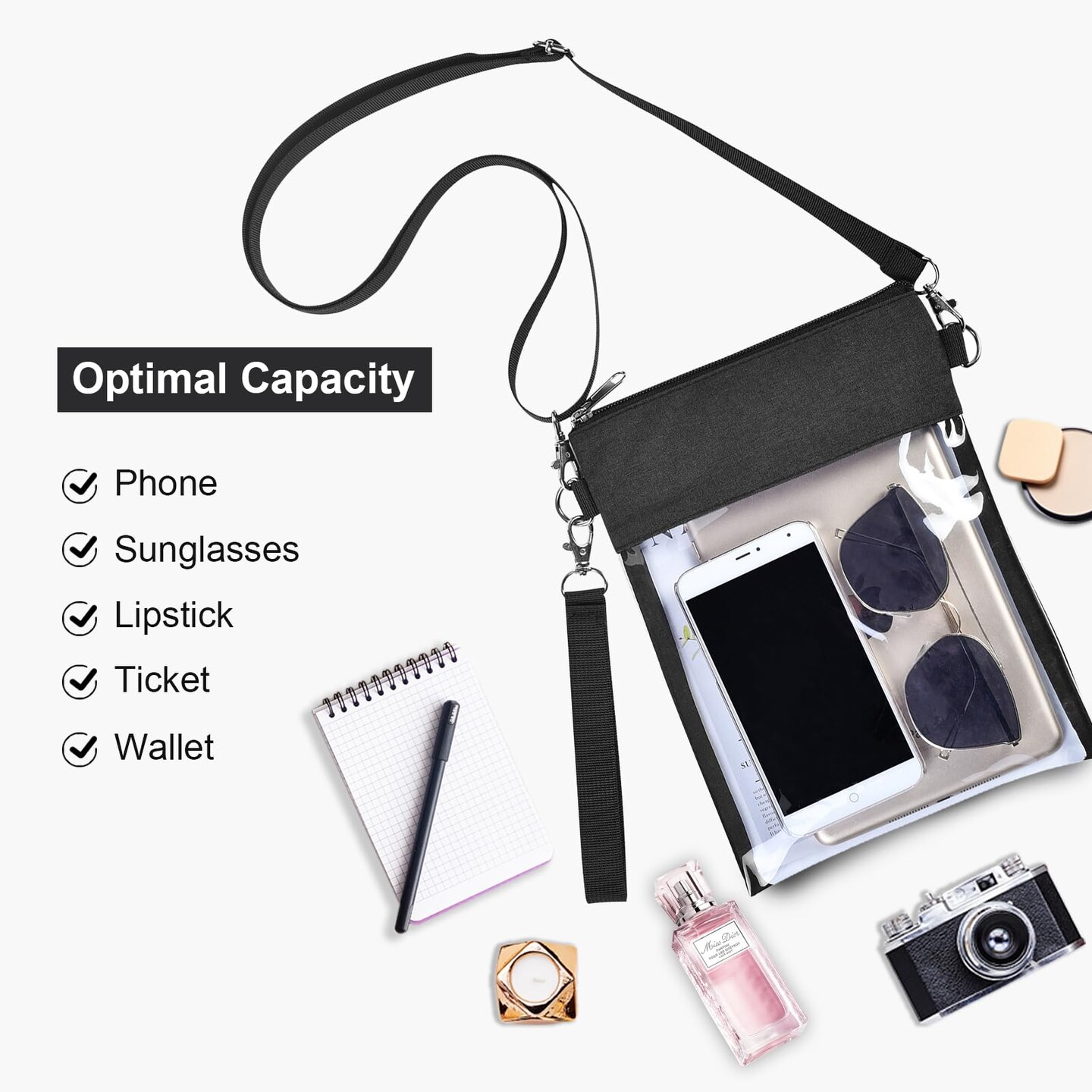Clear Crossbody Purse Bag Stadium Approved Clear Tote Bag for Work Concert Sports(Clear Black)
