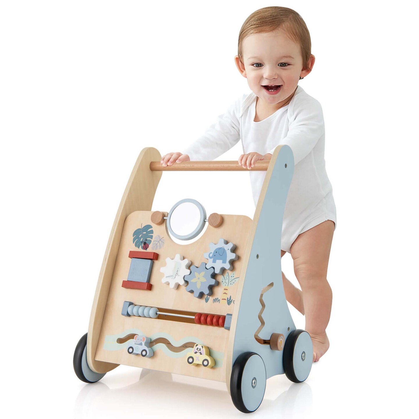 Costway Wooden Baby Walker Push &#x26; Pull Walker with Multi-Activity Learning Center