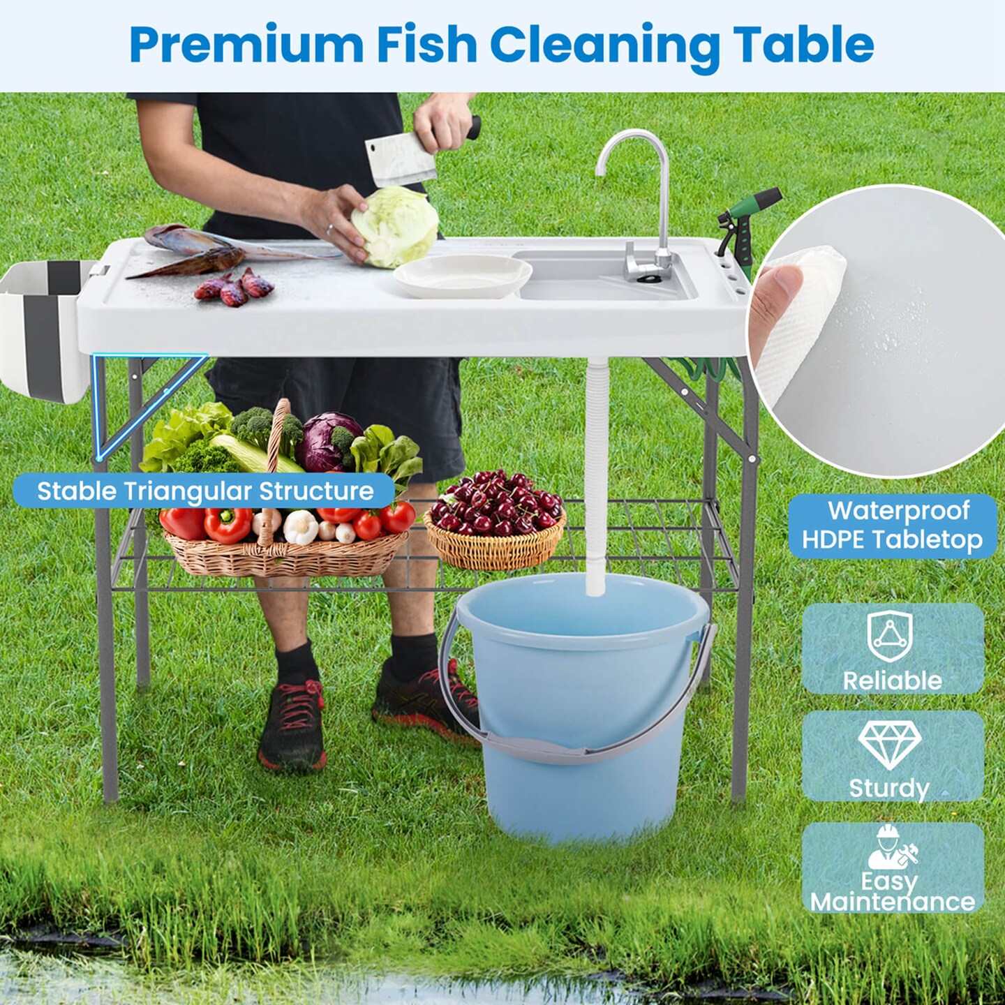 Costway Folding Fish Cleaning Table Portable Camping Table with  Faucet Hose Grid Rack