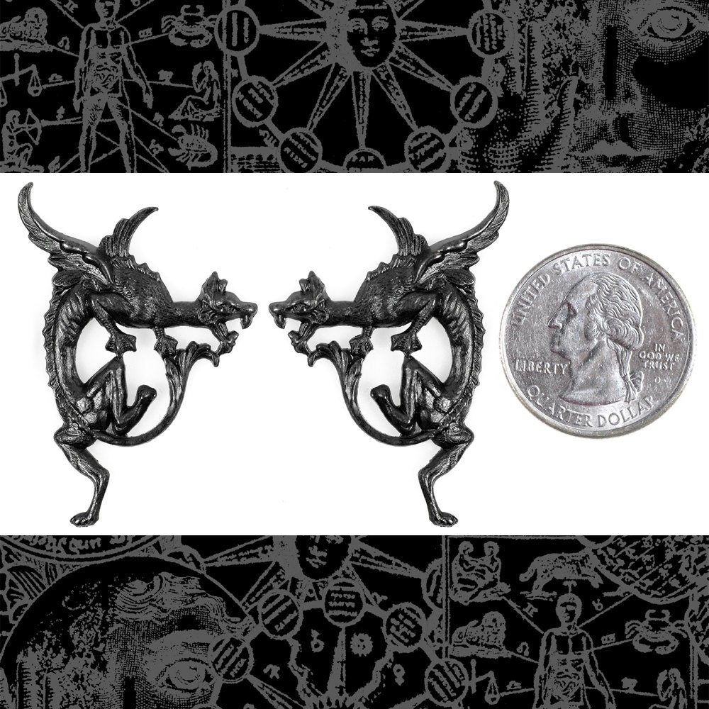 Black Plated Brass Flying Dragon Pendants Stampings One Pair of Dragons - BB-P77