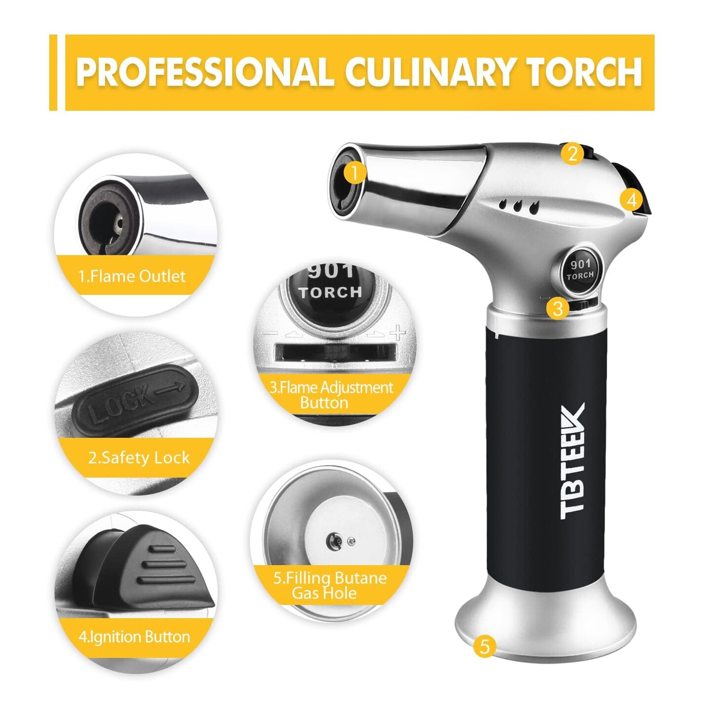Butane Torch, Kitchen Torch Cooking Torch with Safety Lock &#x26; Adjustable Flame for Cooking, BBQ, Baking, Brulee, Creme, DIY Soldering(Butane Not Included)