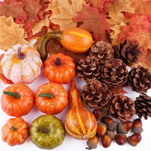 50 PCS Thanksgiving Fall Harvest Decor Set, 8 PCS Artificial Pumpkins,30 PCS Lifelike Maple Leaves,10pcs Realistic Acorn,2pcs Pine Cones,Halloween Wedding Tables Centerpieces  & Organizer Storage Tote Bag