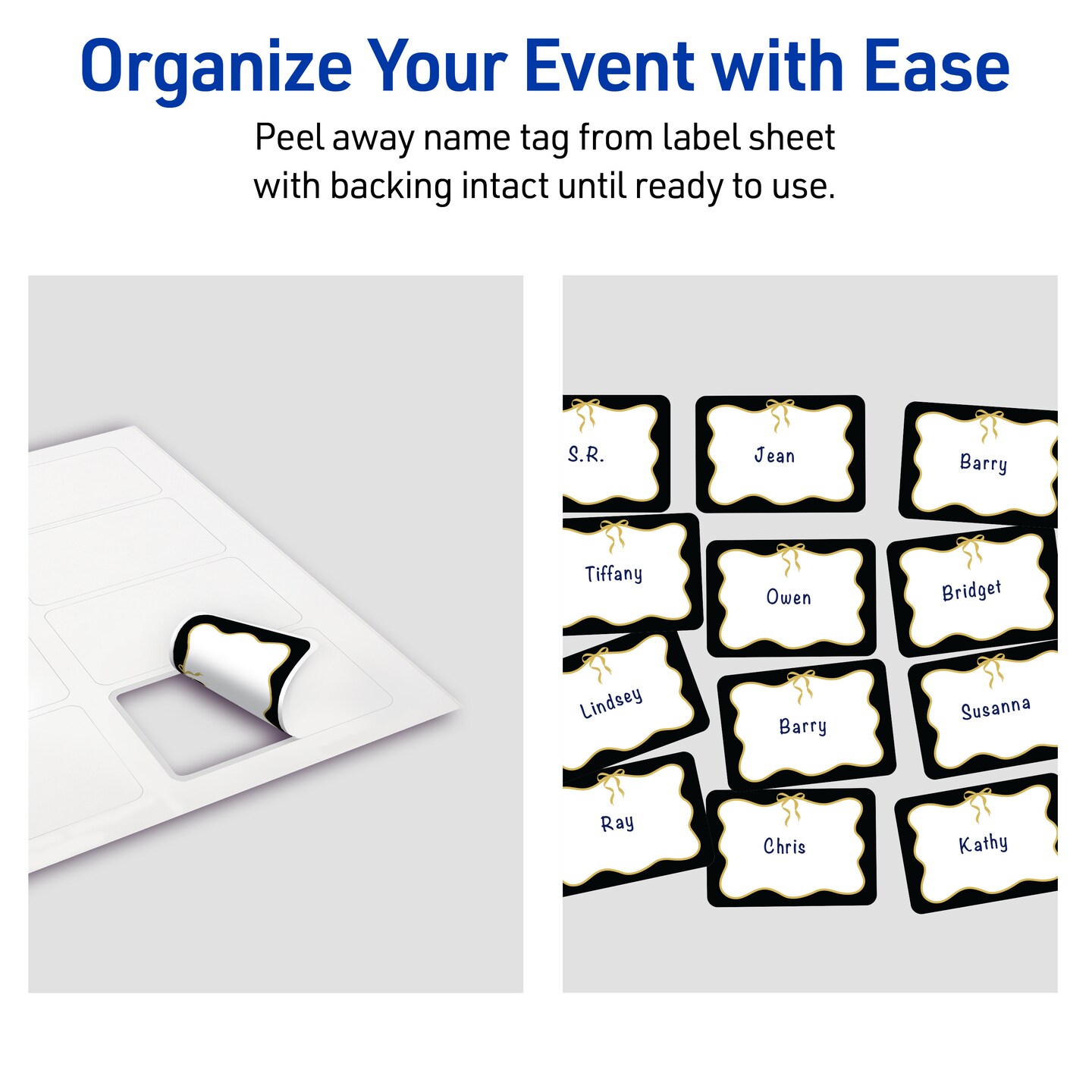 Avery Printable Adhesive Name Badges, 2-1/3" x 3-3/8", Pre-printed Black Border with Metallic Gold Bow Design, Matte White, Laser & Inkjet Compatible, 80 Total