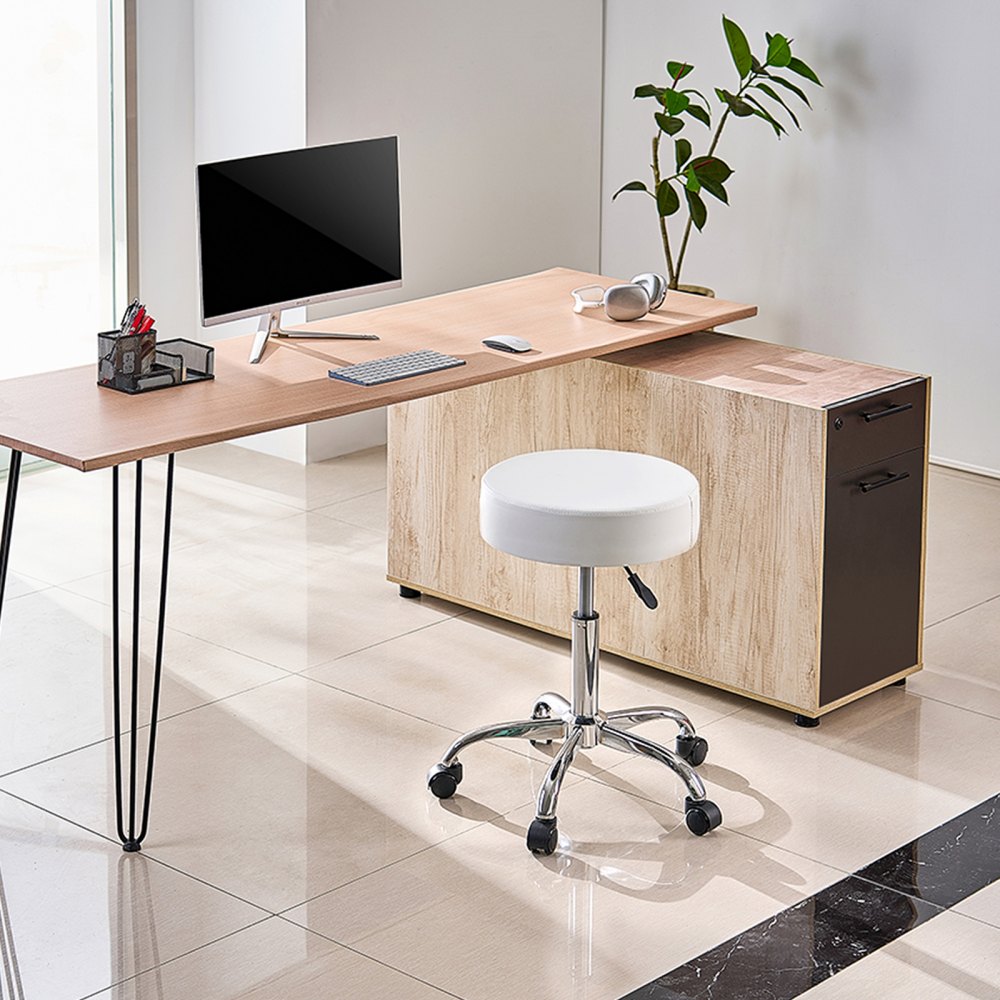 White Adjustable Height Ergonomic Rolling Stool with Faux Leather Seat and Silent PU Wheels