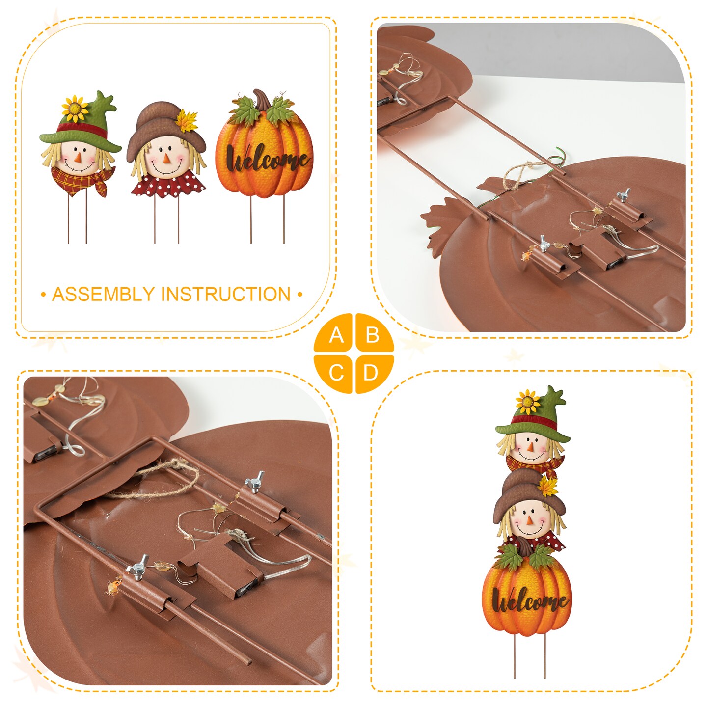 46&#x22;H Fall Metal Stacked Scarecrow and Pumpkin Yard Stake