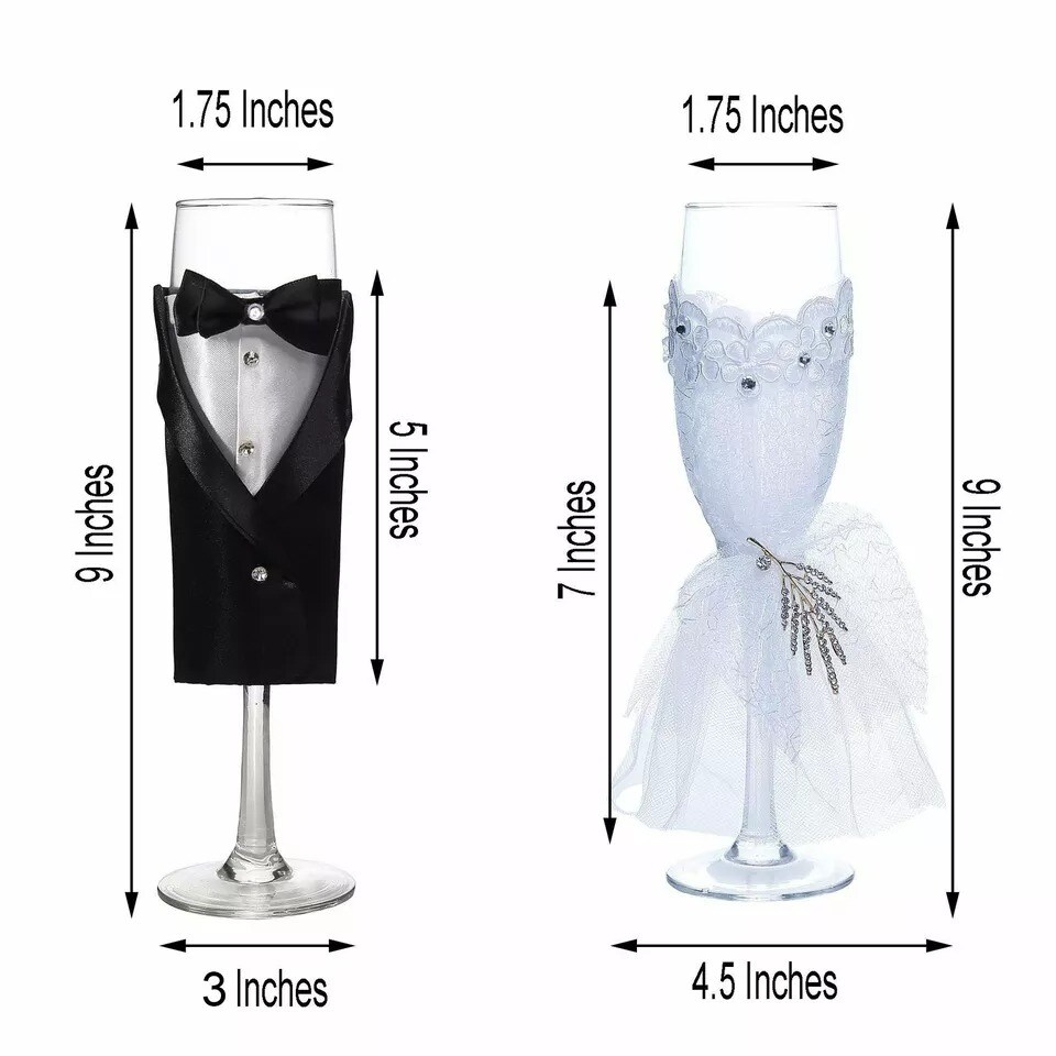 2 pcs 9&#x22; tall Clear Glass Tuxedo and Dress Champagne Wedding Toasting Flutes