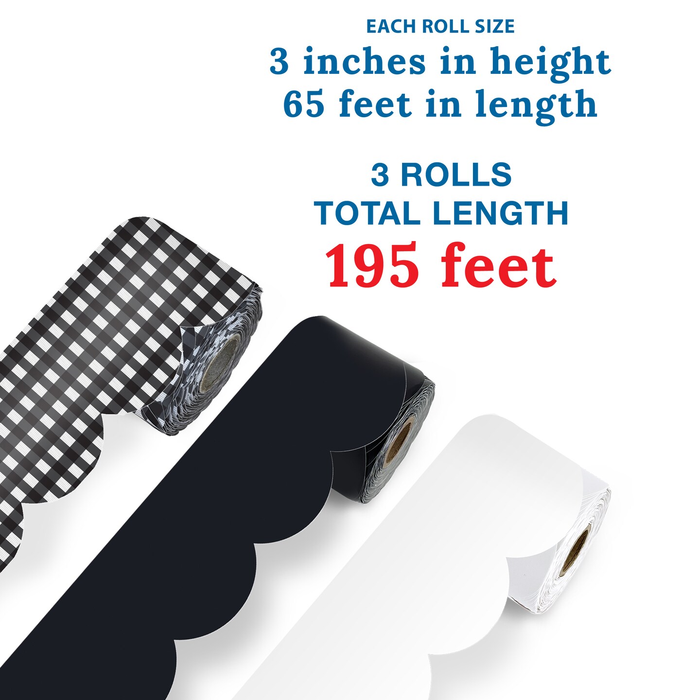 Carson Dellosa 195Ft Black and White Bulletin Board Borders, 3Pack Scalloped Buffalo Paid, White, Black Bulletin Board Border for Bulletin Board, Gingham, Black and White D&#xE9;cor, Classroom D&#xE9;cor