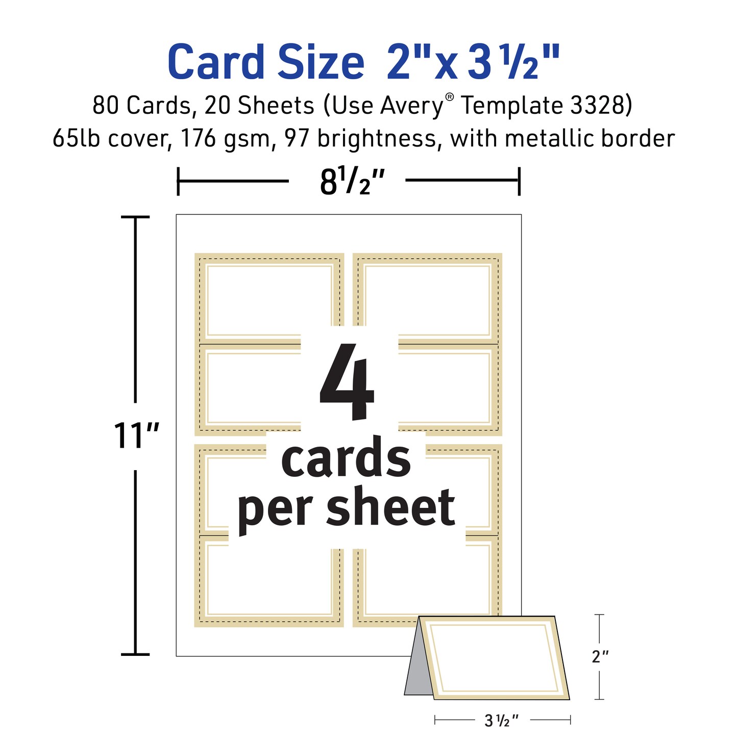 Avery Printable Tent Cards, 2" x 3.5", White with Metallic Gold Borders 80 Blank Place Cards for Laser or Inkjet Printers (3328)