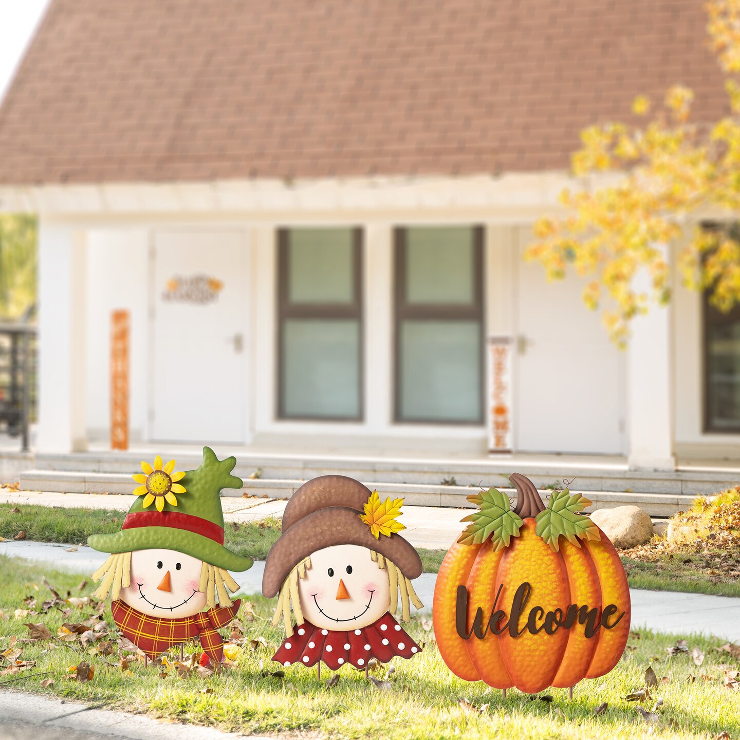46&#x22;H Fall Metal Stacked Scarecrow and Pumpkin Yard Stake