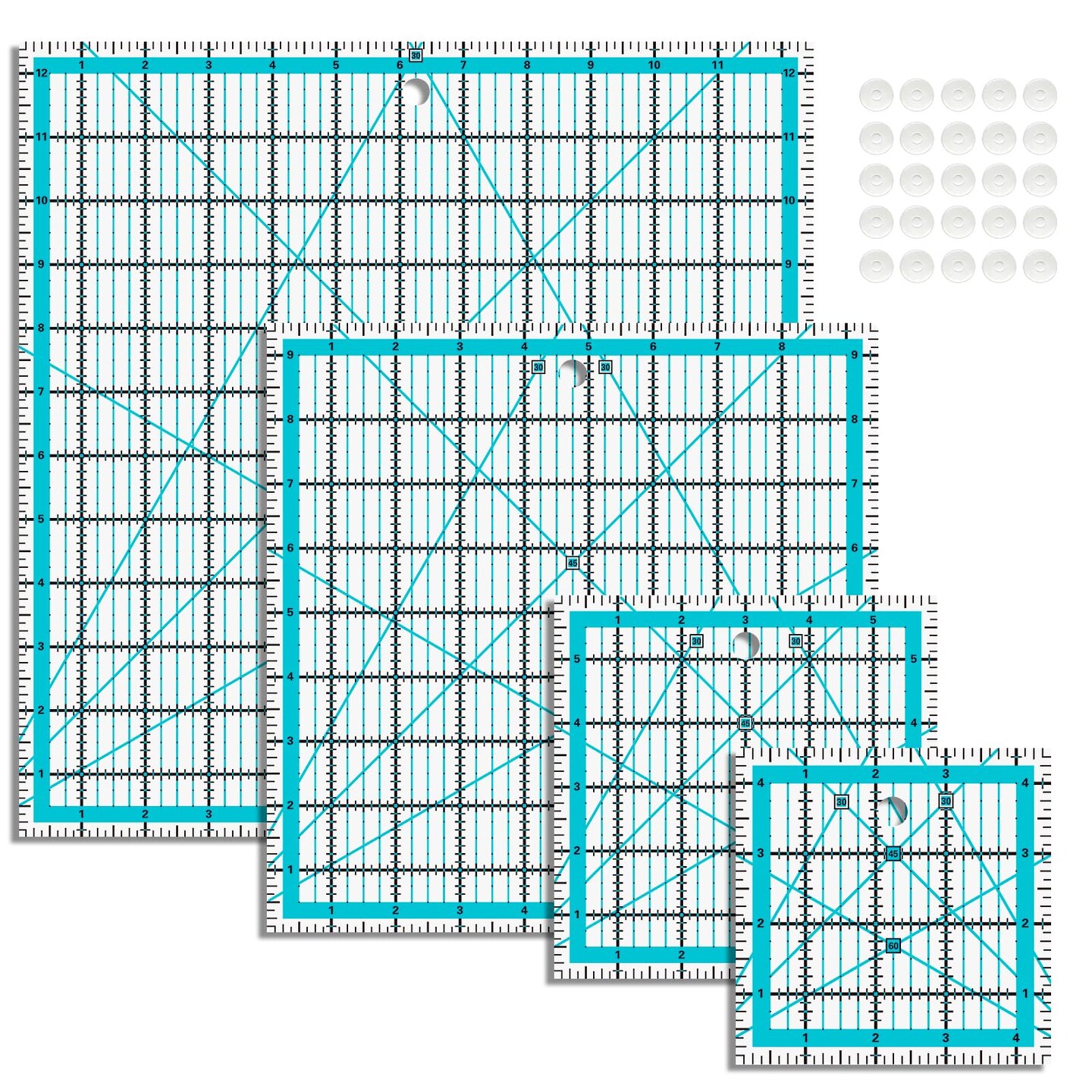Quilting Rulers, Acrylic Quilt Ruler,4 Square Fabric Cutting Ruler (4.5"X4.5", 6"X6", 9.5"X9.5", 12.5"X12.5"), Quilting Templates with Non Slip Rings. (Blue)