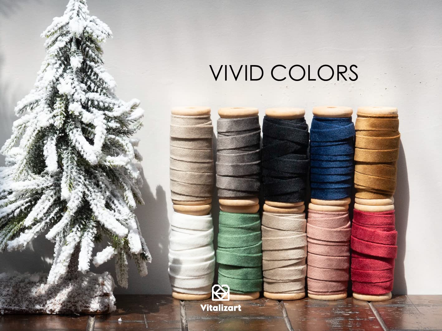 Vitalizart Fall Velvet Ribbon Set 3/8&#x22; x 15 Yd Wooden Spool Fabric Trim 3 Rolls * 5 Yd for Christmas Wreath Decoration Handmade Craft Ornaments Gift Wrapping &#x26; Bow Making