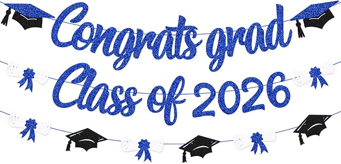 Congrats Grad Class of 2026 Banner Graduation Cap Diploma Theme Party Decoration for for High School College University Senior 2026 Celebrate Party Supplies (Blue)