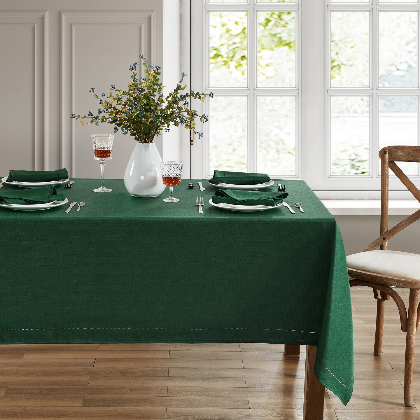 Threadmade Home Alison Eyelet Punched Border Fabric Tablecloth, Forest - 52"W x 52"L Square