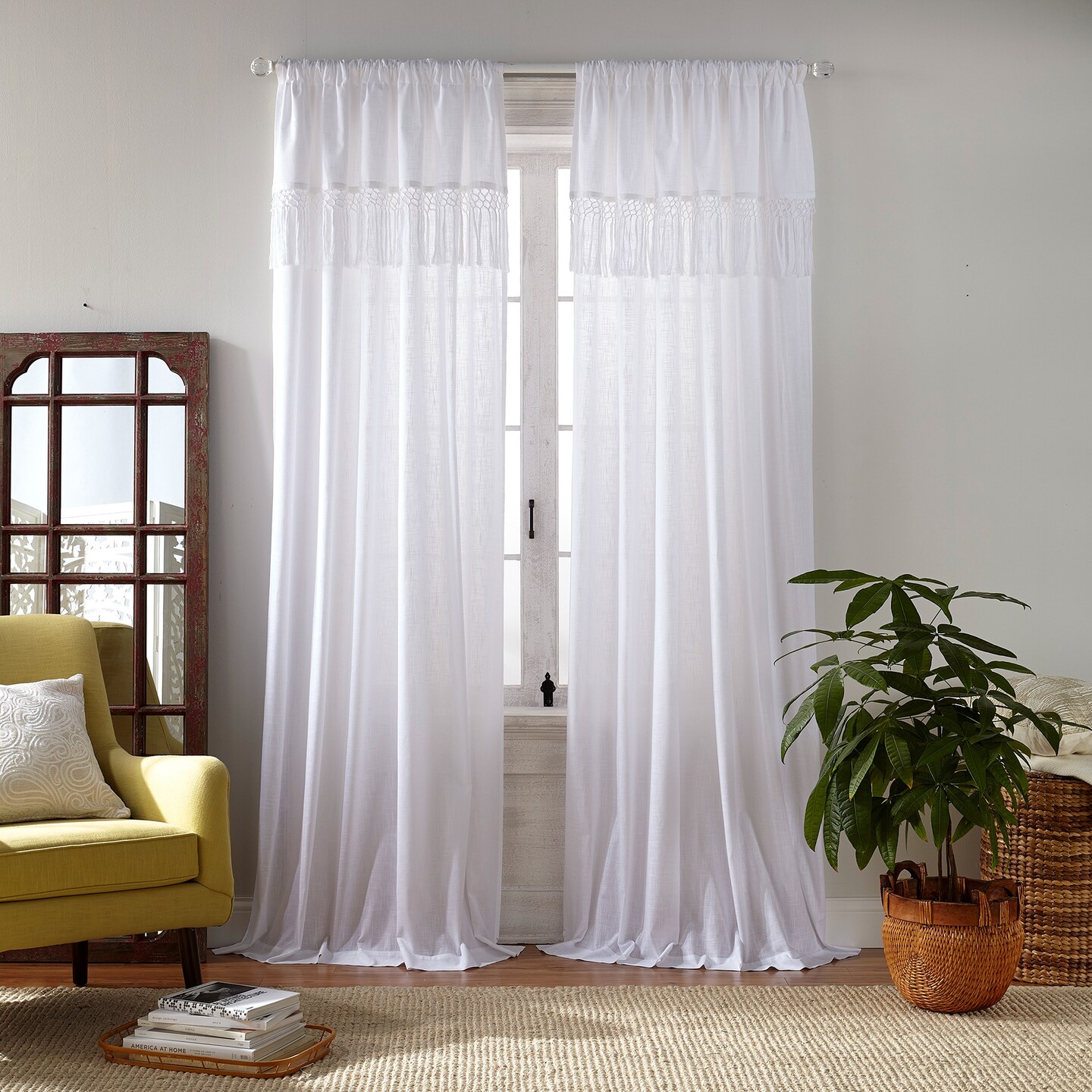 Threadmade Home Calypso Macramé Tassel Semi Sheer Window Curtain, White - 52"W x 84"L